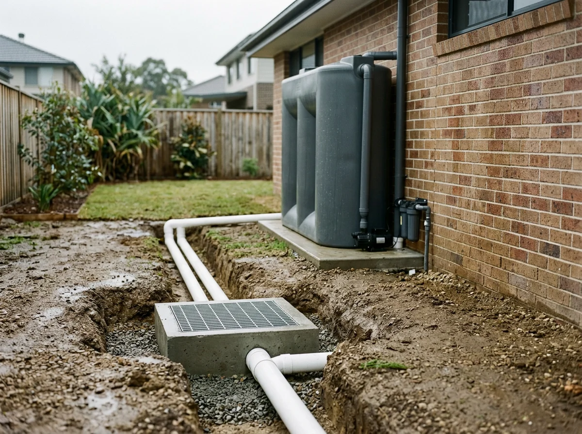 Outdoor view of an air conditioning unit with white PVC pipes, recently installed in a backyard with dirt and a brick house wall.