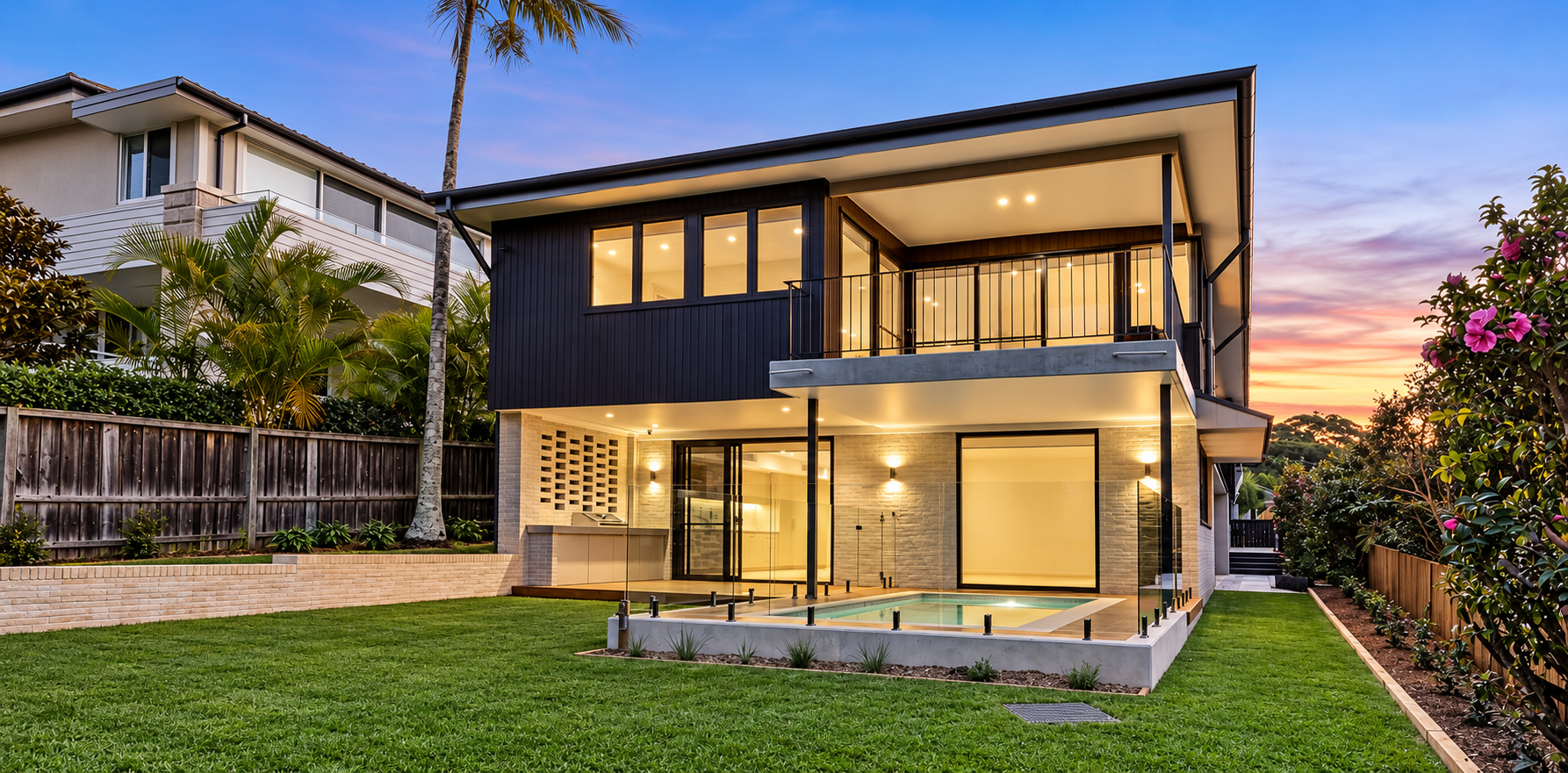 Modern two-story house with large windows, a small backyard pool, green lawn, and surrounding trees at sunset.