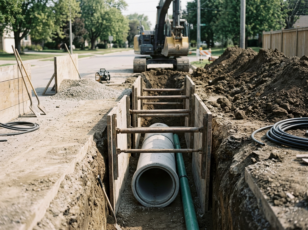 Construction site with a large concrete pipe installed in a trench, with an excavator in the background and tools and dirt surrounding it.