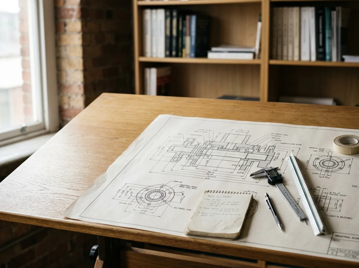 Blueprints and drawing tools on a wooden table in an office with bookshelves.