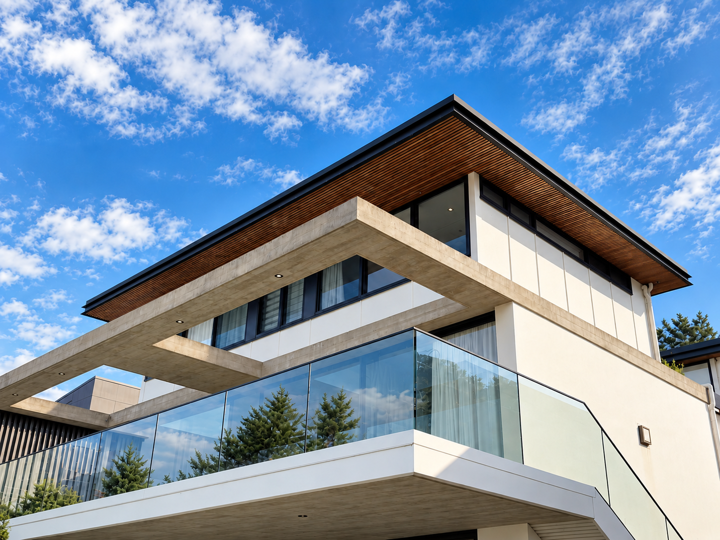 Modern multi-story house with large glass windows, white walls, and wood accents, set against a bright blue sky with scattered clouds.