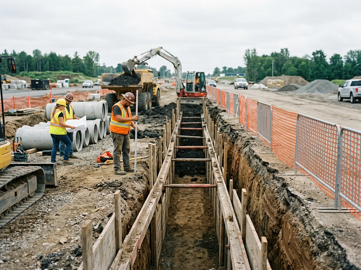 Construction workers in safety vests and helmets working on a road project with heavy machinery, steel-reinforced trench, and safety barriers.