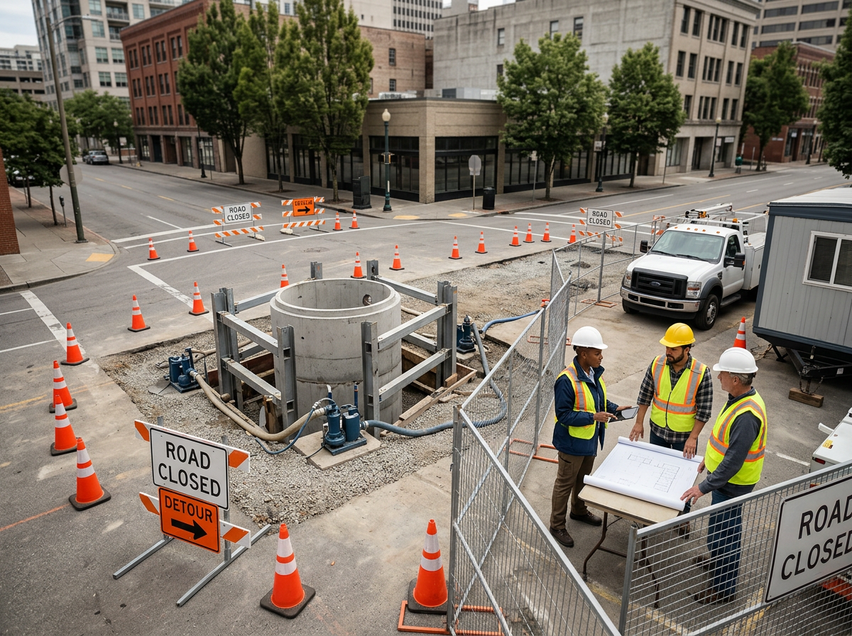 Construction workers in safety vests and helmets discussing plans at a construction site with road closure signs, orange cones, and machinery.