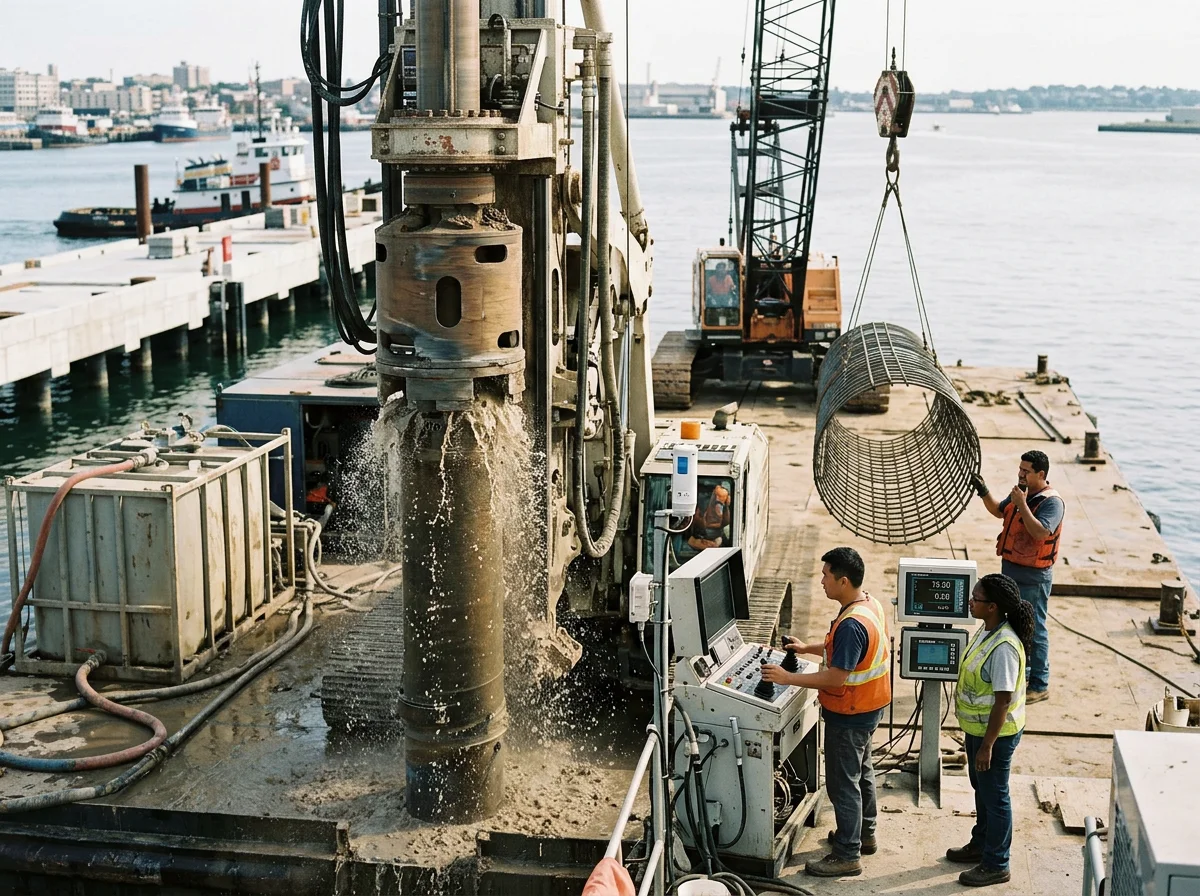 Construction workers operate a large offshore drilling rig at a dock, with one worker inside the control station and others managing equipment, while a crane hoists a large cylindrical pipe near the water.
