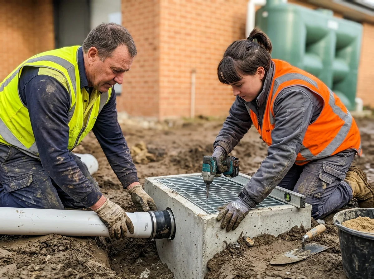 Two construction workers, a man and a woman, are installing underground piping and a drainage grate outside a building. The man is handling a pipe, and the woman is using a power drill on the grate.