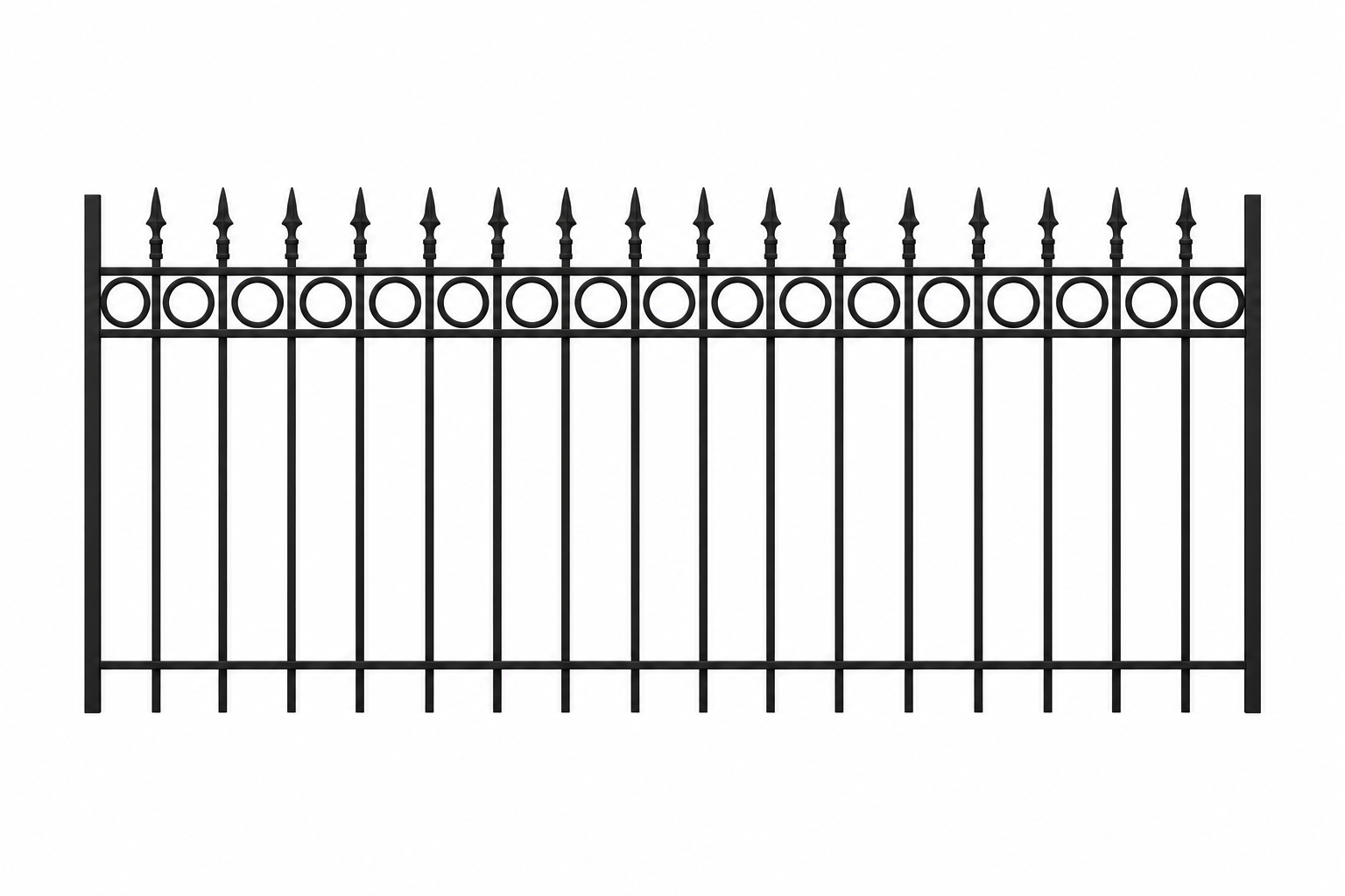 Black iron fence with pointed finials and decorative circles, set against a white background.