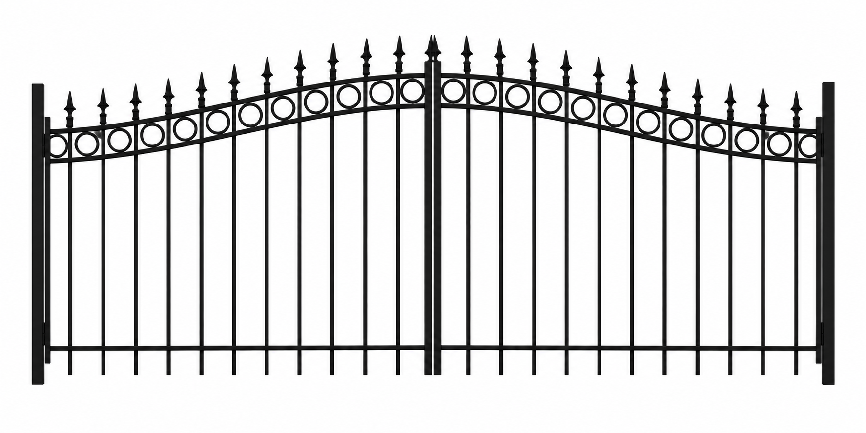 Black wrought iron gate with pointed finials and circular accents, set against a plain white background.