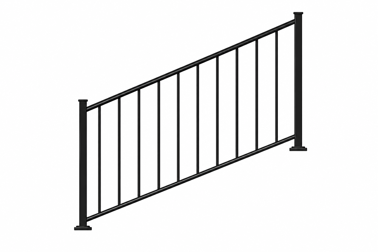 Black metal fence with vertical bars and angled top rail, mounted on two posts, isolated on white background.