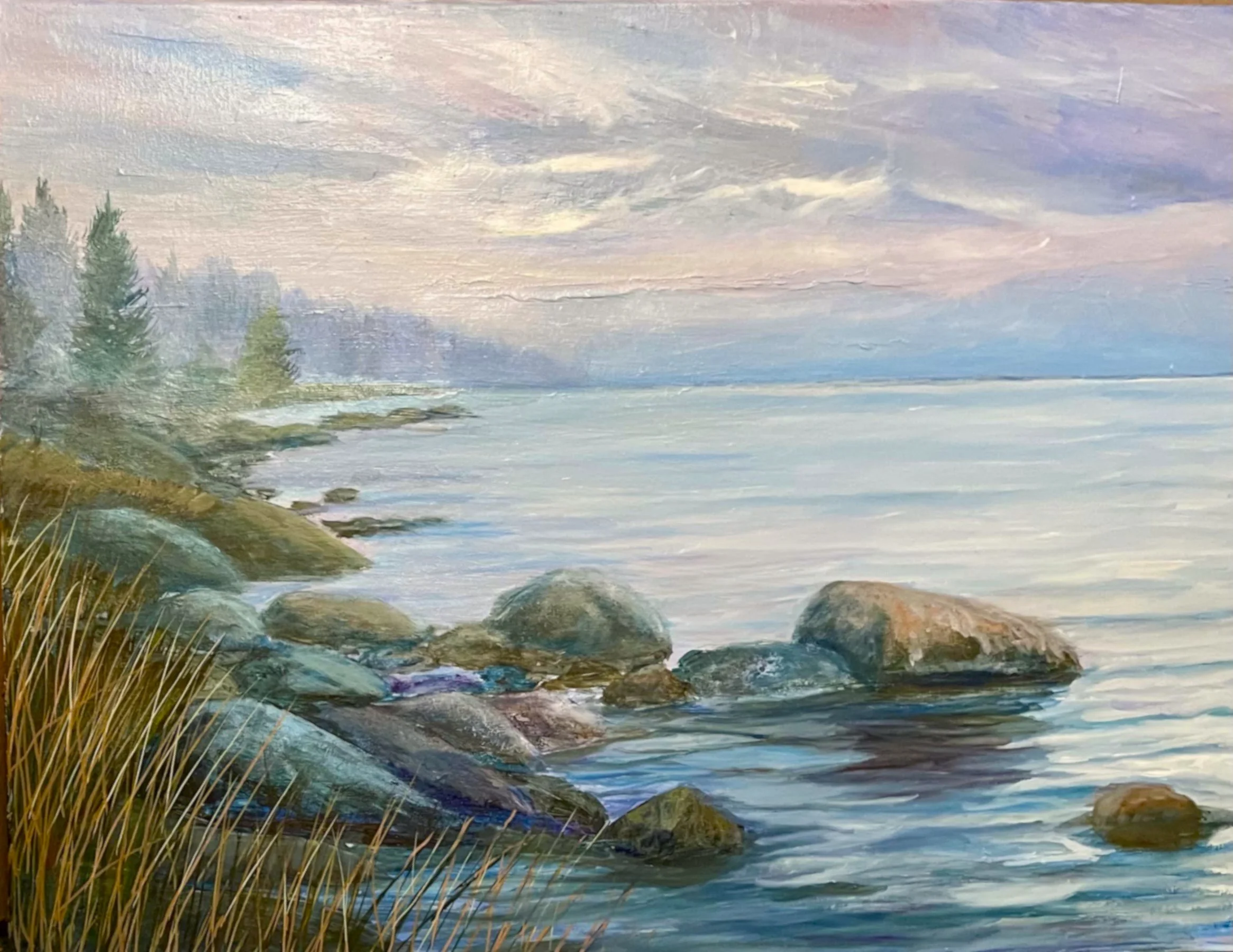 Rocky Beach in the Mist, acrylic, 18 x 24 in