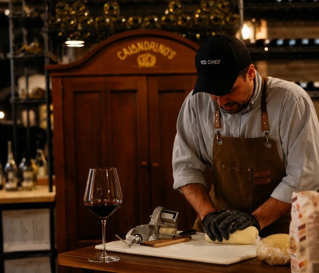 A man wearing a black cap with says 'YES CHEF', a gray long sleeves shirt, and a brown apron, is kneading dough on a white cutting board in a cozy restaurant or bakery setting. There is a glass of red wine on the table, and a kitchen tool next to the dough. The background features warm lighting and wooden shelves, with a wooden cabinet labeled 'Candelario's'.