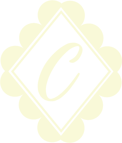 A logo with a large letter 'C' inside a diamond shape, surrounded by a floral or decorative border.