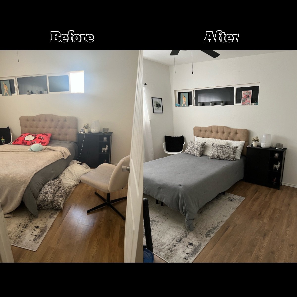 Side-by-side comparison of a bedroom before and after renovation, showing improved cleanliness and decor with changed bed linens and room accessories.
