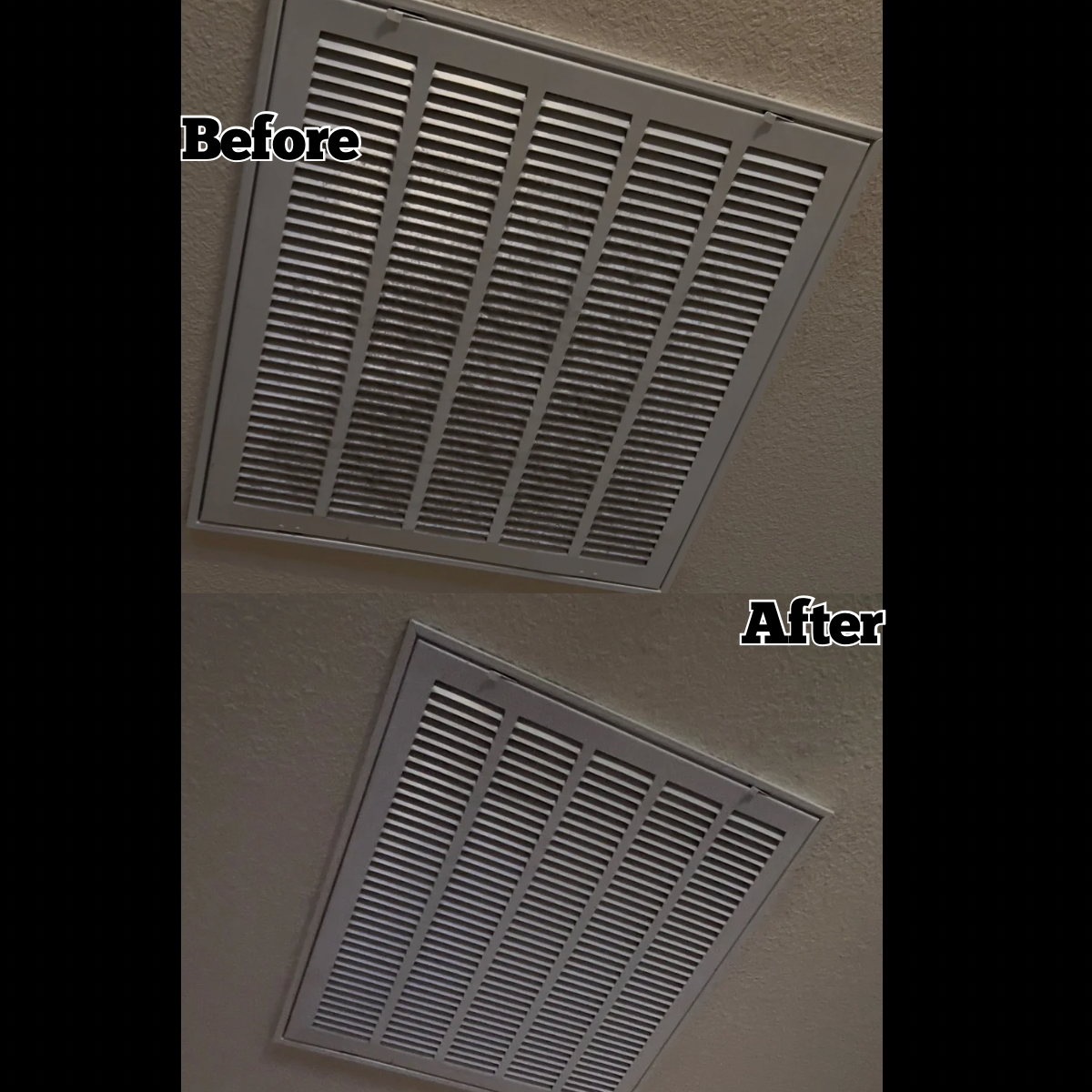 Comparison of a dirty air vent before cleaning and a clean air vent after cleaning, with the images labeled 'Before' and 'After'.