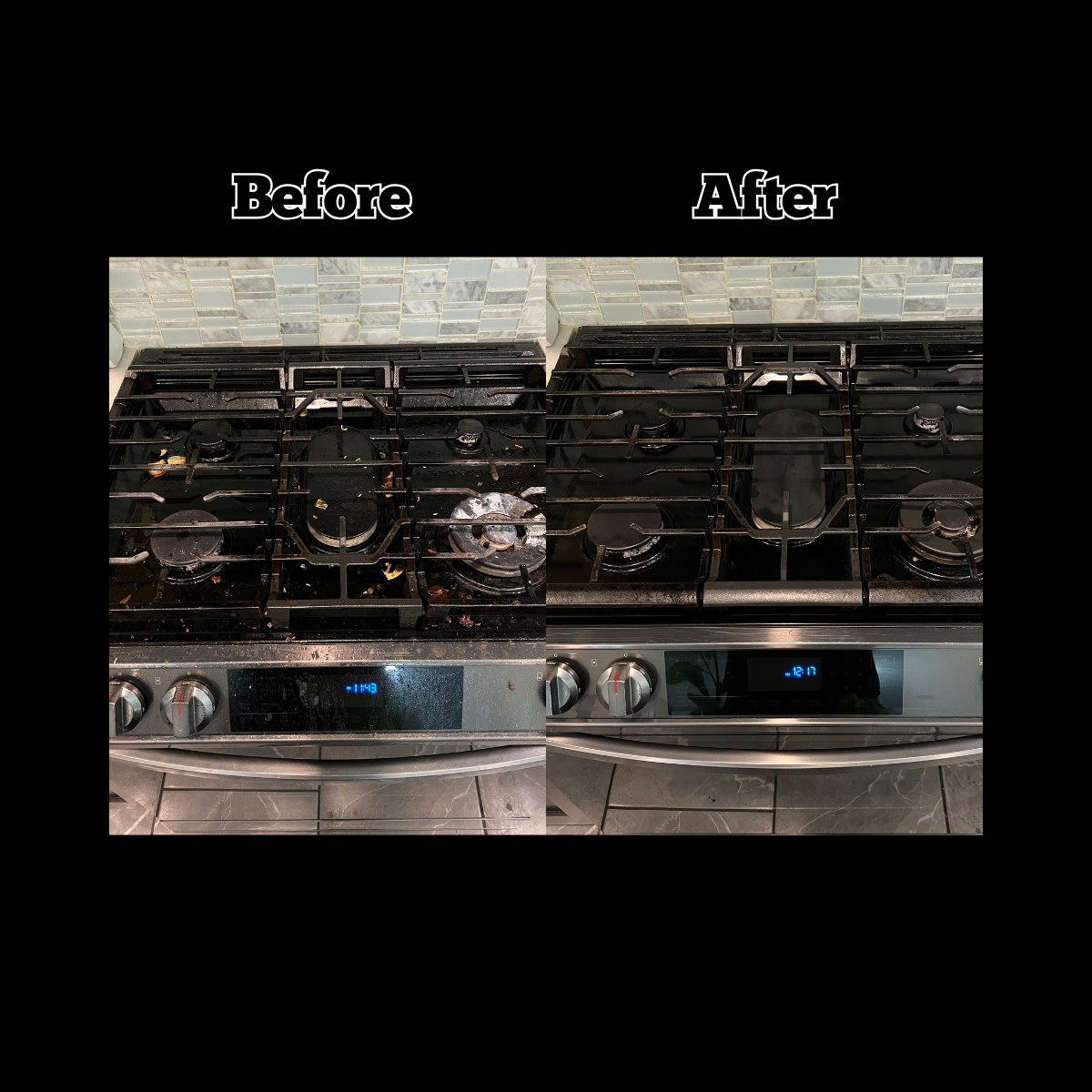 Comparison of a dirty stove before cleaning and a clean stove after cleaning.