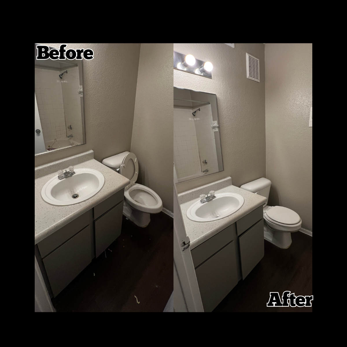 Side-by-side comparison of a bathroom before and after renovation. The before image shows a dull wall, a small mirror, and an old light fixture. The after image shows a brighter wall, a new light fixture with three bulbs, and a cleaner, more modern a
