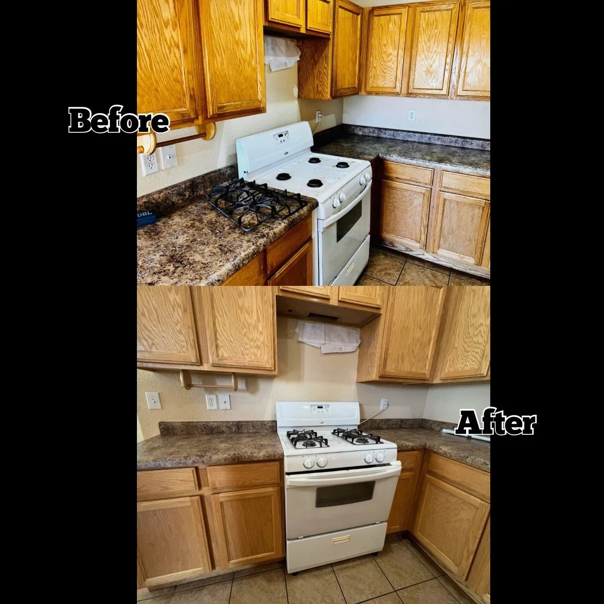Comparison of kitchen before and after cleaning or renovation, showing a countertop with a stove, wooden cabinets, and electrical outlets.