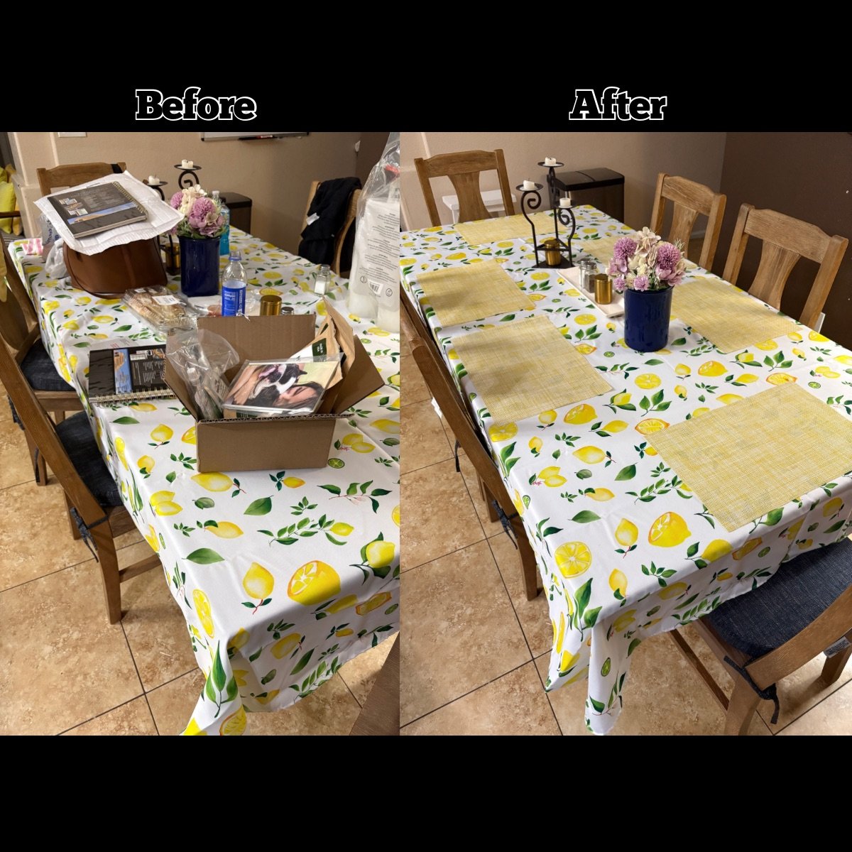 Comparison of a cluttered dining table before and after cleaning, showing a table with lemon-patterned tablecloth, yellow placemats, and a floral centerpiece.