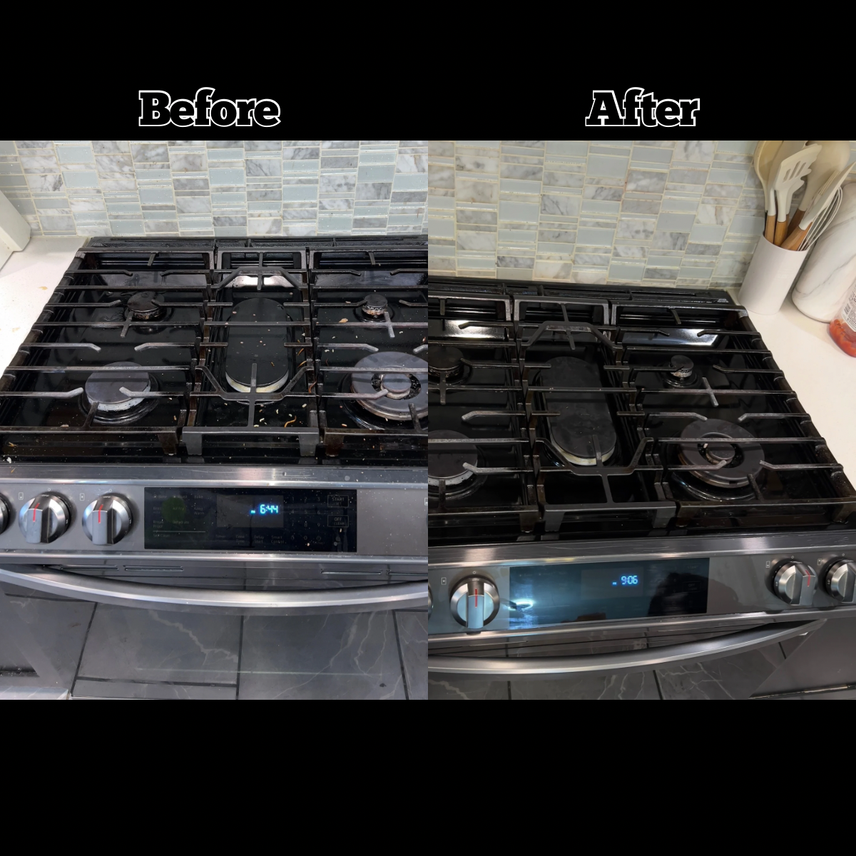 Before and after images of a gas stove with a tiled backsplash, showing a messy stove with food debris on the left and a clean, shiny stove on the right.