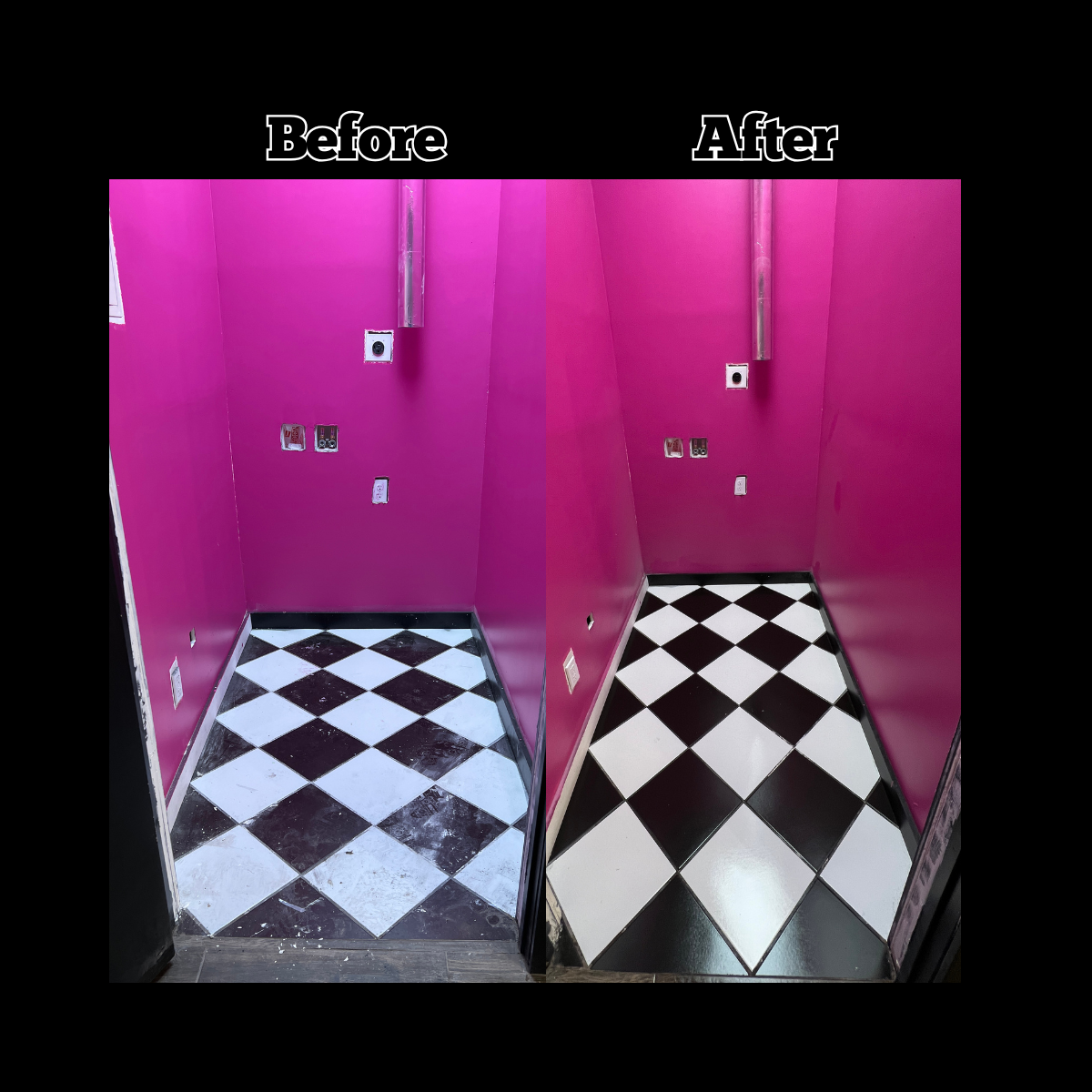 Comparison of a corner of a room with pink walls and black and white checkered flooring before and after cleaning or renovation, showing cleaner floor in the after image.