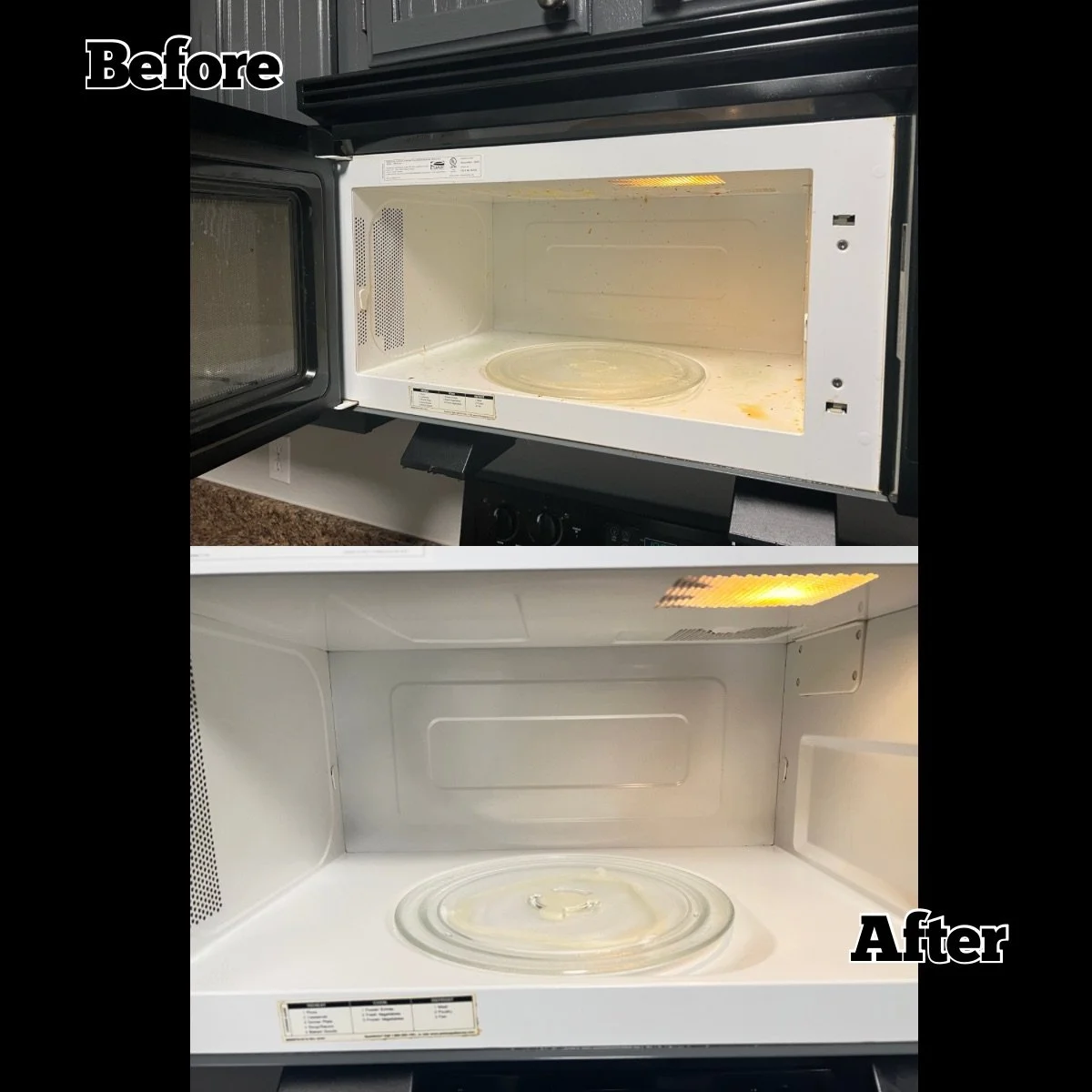 Comparison of a dirty microwave interior labeled 'Before,' showing food splatters, and a cleaned microwave interior labeled 'After,' which is spotless.