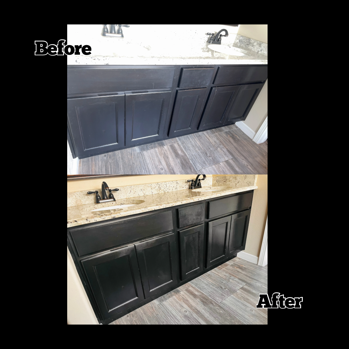 Before and after images of a kitchen cabinet renovation. The 'before' shows black cabinets with visible wear, while the 'after' shows the same cabinets painted black with a new granite countertop.