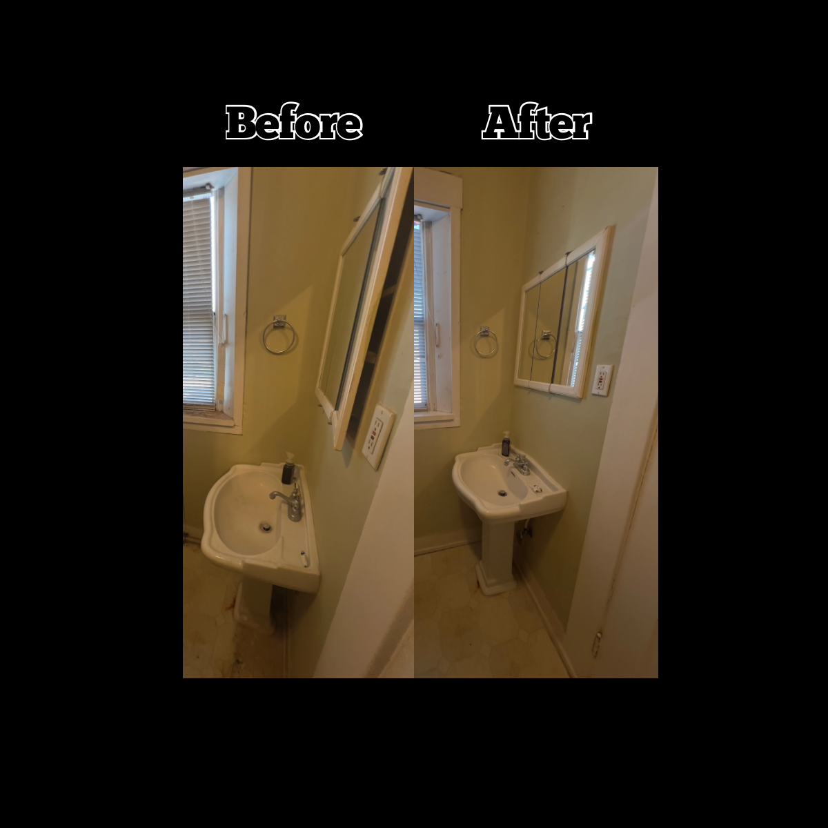 Comparison of a small bathroom sink before and after cleaning or renovation, with a window, mirror, and towel ring above the sink.