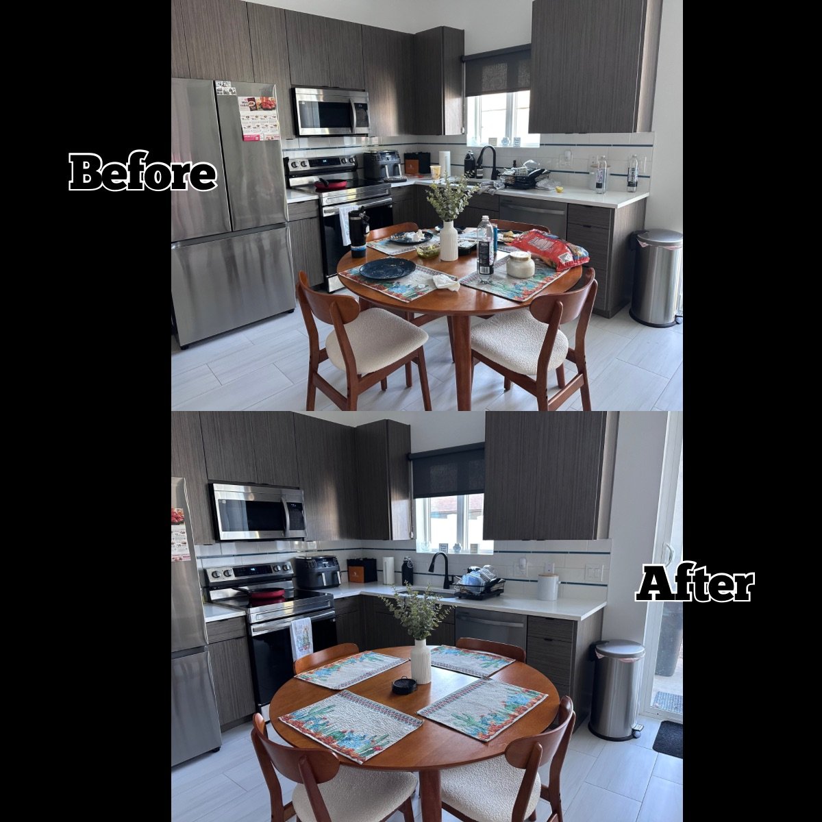 Kitchen before and after cleaning. The before image shows a cluttered table with dishes and snacks, while the after image shows a tidier table with placemats and a centerpiece, and the countertops are clearer.