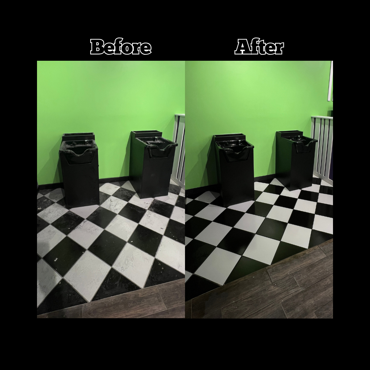 Comparison of two images showing a black hand wash sink against a green wall. The left side is labeled 'Before' with a black and white checkered floor that is dirty and scratched. The right side is labeled 'After' with a cleaner, tidier black and whi