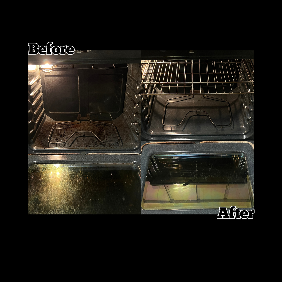 Comparison of a dirty, greasy oven interior on the left with a clean, shiny oven interior on the right.