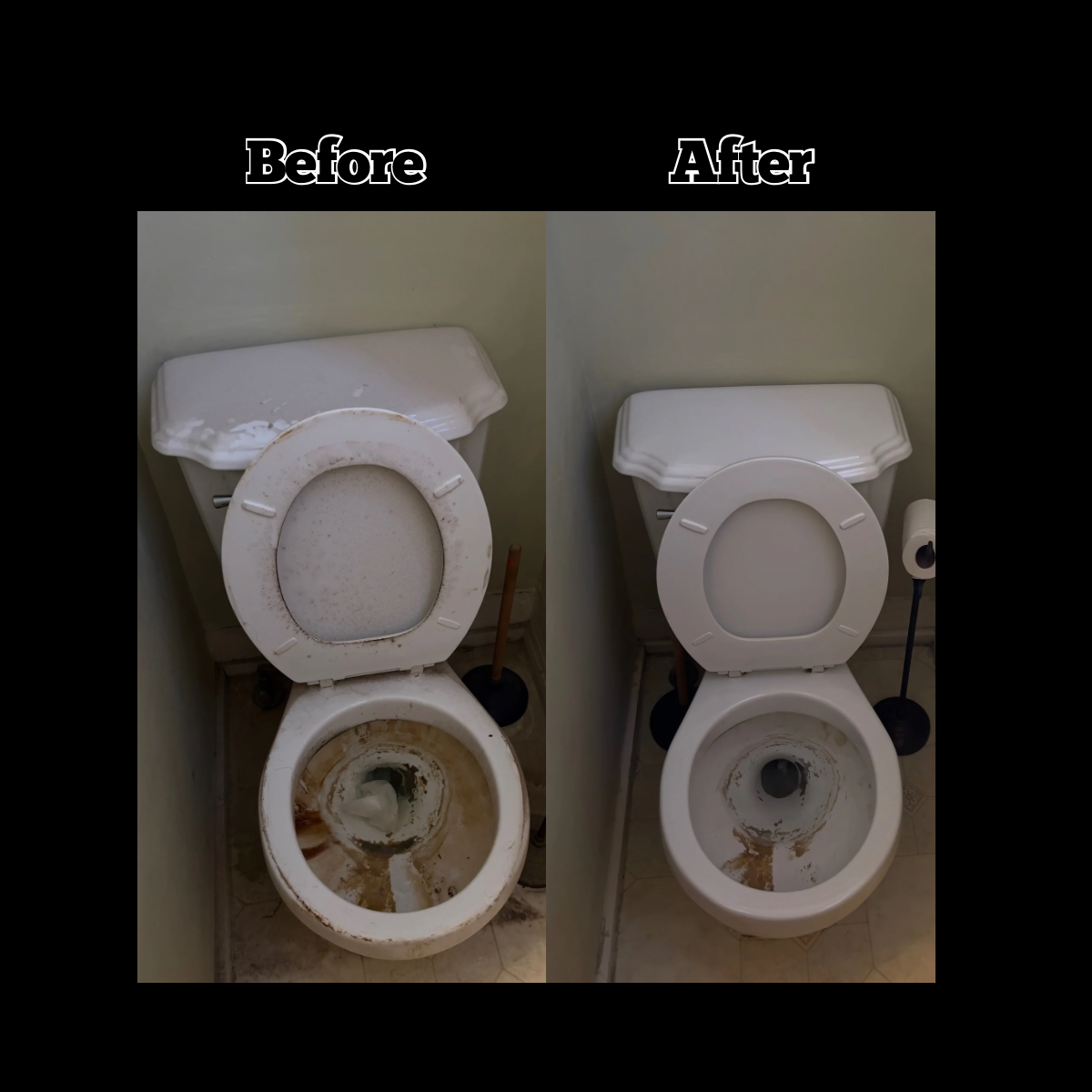 Side-by-side comparison of a toilet before and after cleaning. The "before" image shows a dirty, stained toilet with grime and rust, while the "after" image features a clean, white toilet with no stains.
