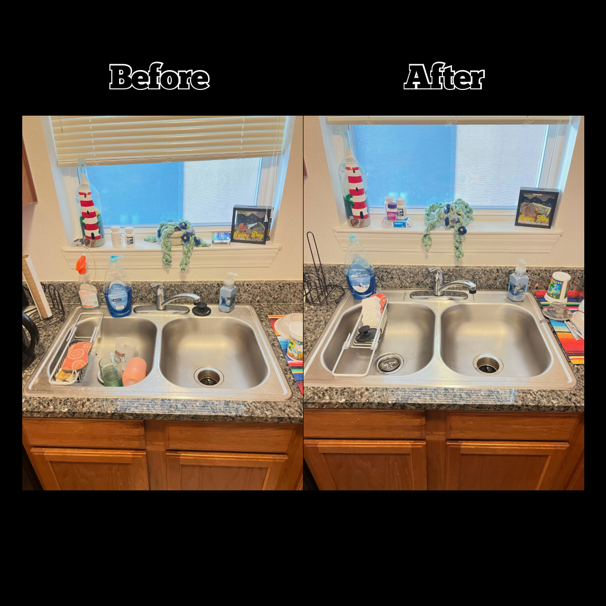 Comparison of kitchen sink area before and after cleaning, showing clutter removal and shine improvement.