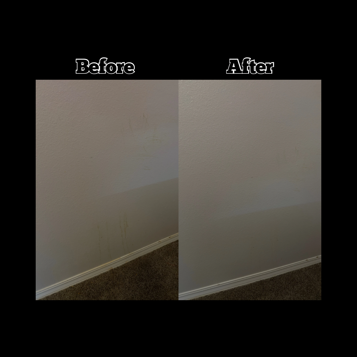 Comparison of a wall before and after cleaning, showing removal of stains and marks.