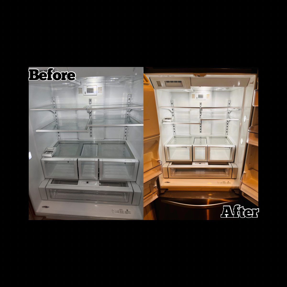 Comparison of an open refrigerator before and after cleaning; the left image shows a dirty, empty fridge with grime, while the right image shows a clean, empty fridge with bright interior lighting.