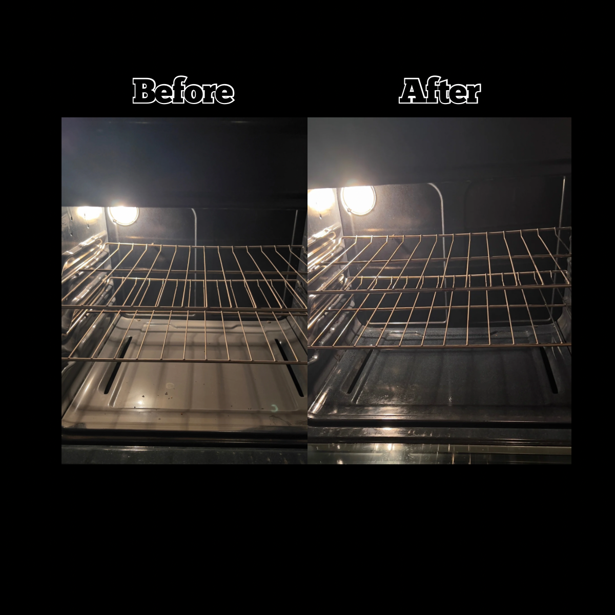 Comparison of an oven interior before and after cleaning, showing a clean oven on the right and a dirty oven on the left.