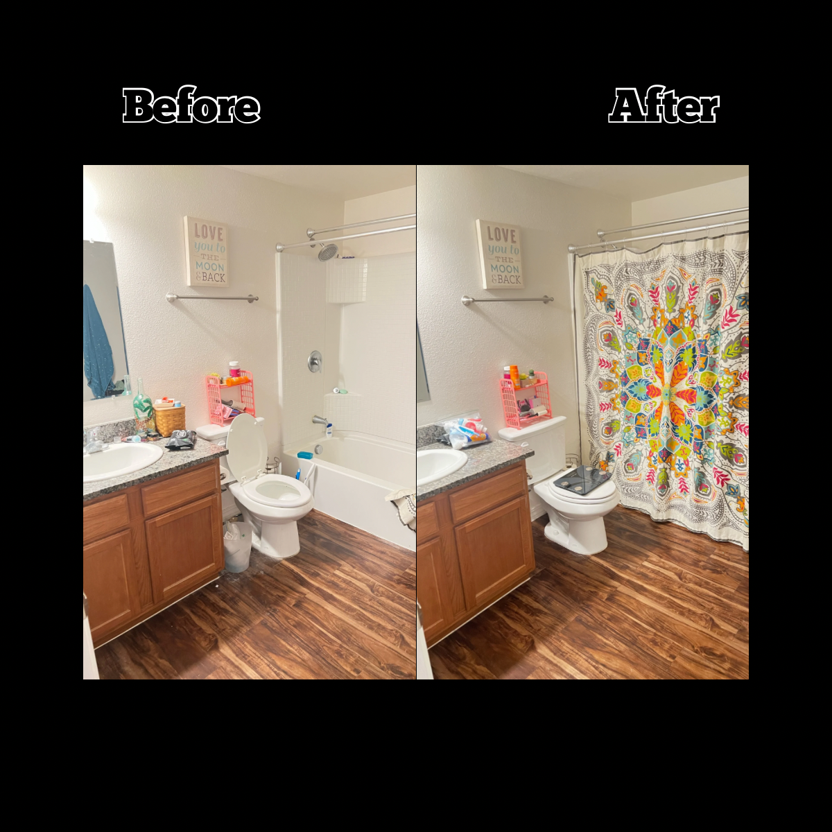 Bathroom before and after renovation shows added shower curtain with colorful floral pattern, toilet, and vanity with a mirror, and a wooden floor.