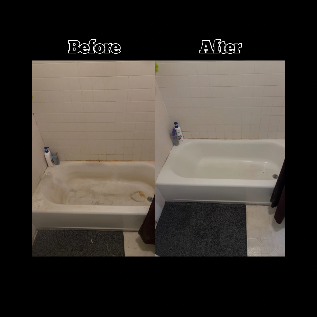 Before and after images of a bathroom bathtub cleaning; the left shows a dirty, stained bathtub with rust stains, and the right shows a cleaned, white bathtub.