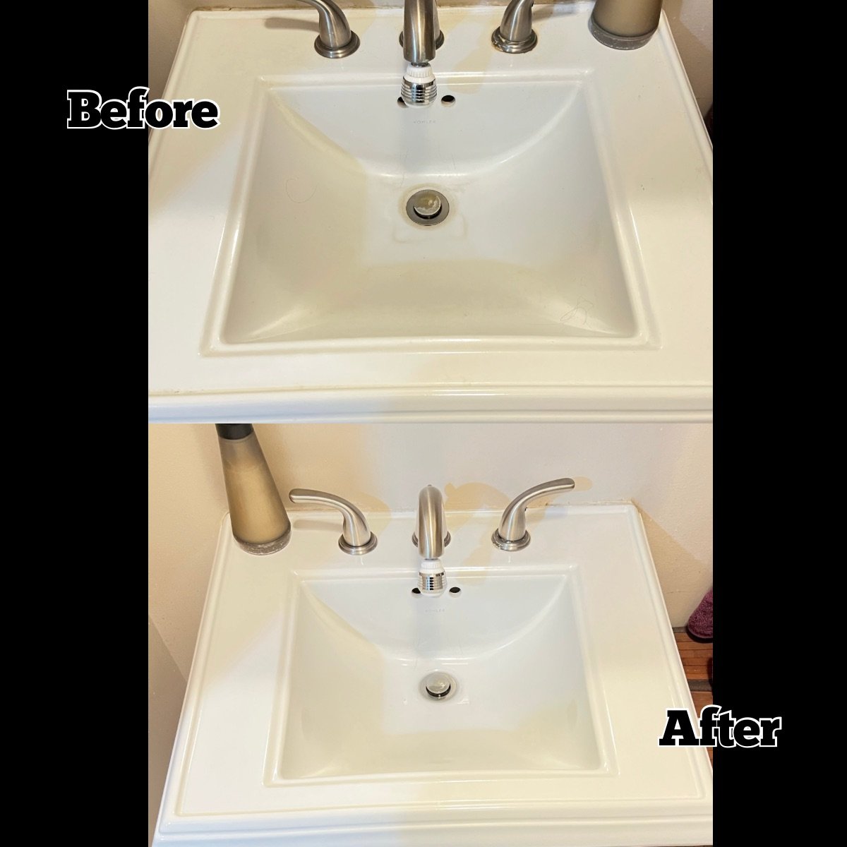 Before and after images of a white bathroom sink and cabinet, showing cleaning and polishing results.