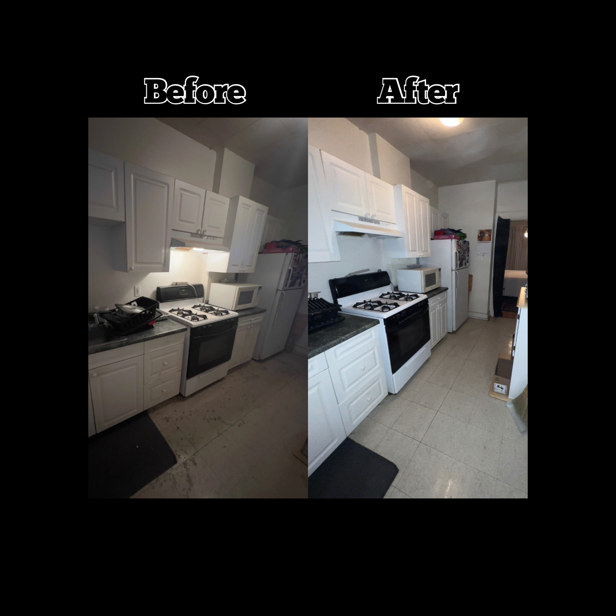 Side-by-side comparison of a kitchen before and after cleaning, showing white cabinets, a stove, microwave, refrigerator, and kitchen floor.