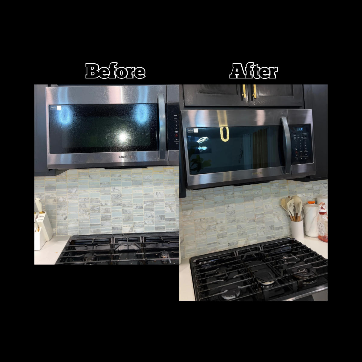 Comparison of a kitchen stove and microwave before and after cleaning; microwave glass door and stove surface are clean in the 'after' image.