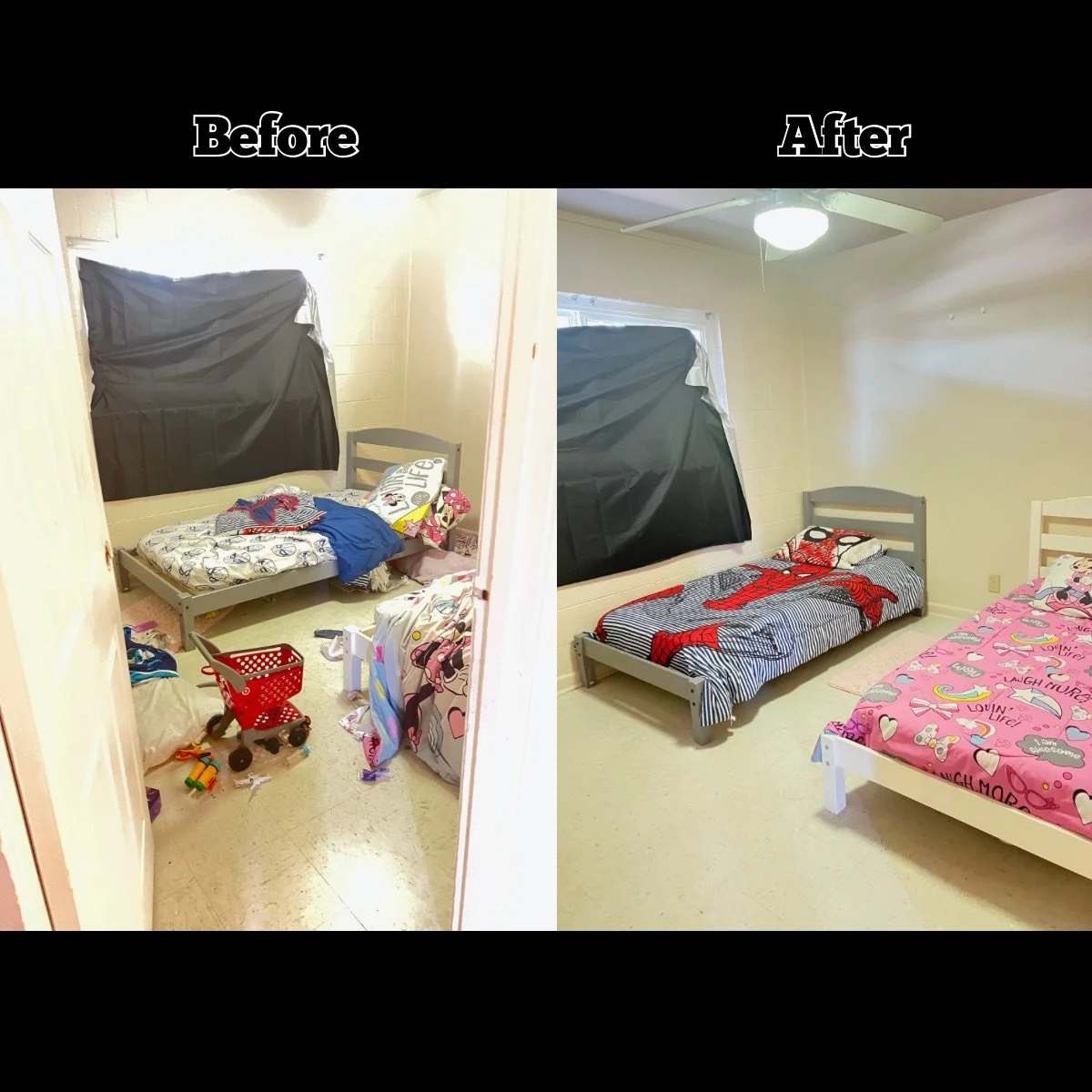 Comparison of a cluttered and messy bedroom before cleaning on the left, and a clean, organized bedroom after cleaning on the right, both featuring twin beds, a window with black curtains, and a ceiling fan.