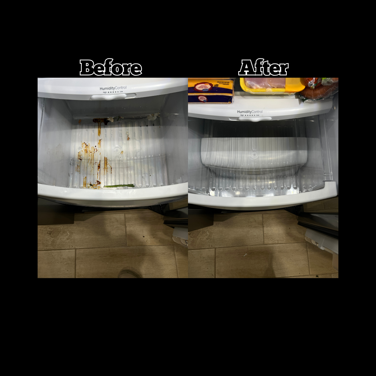 Comparison of an empty, dirty refrigerator with stains and residue on the bottom and a cleaned, empty refrigerator with no stains.