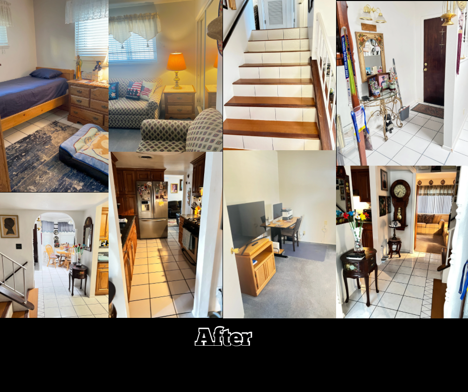 Collage of interior home photos showing bedrooms, a staircase, a foyer with entryway decor, a kitchen, a dining area, and living room, illustrating home renovations or redecorations.
