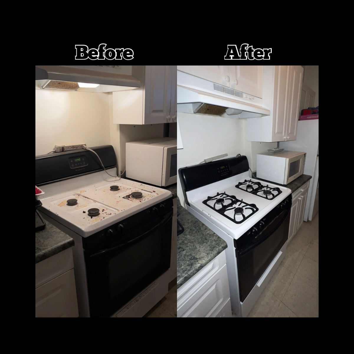 Before and after images of a kitchen stove and countertop, showing a cleanup and renovation. The 'before' side has a dirty stove top with stains and debris, while the 'after' side features a clean stove with a white surface and a tidy countertop.
