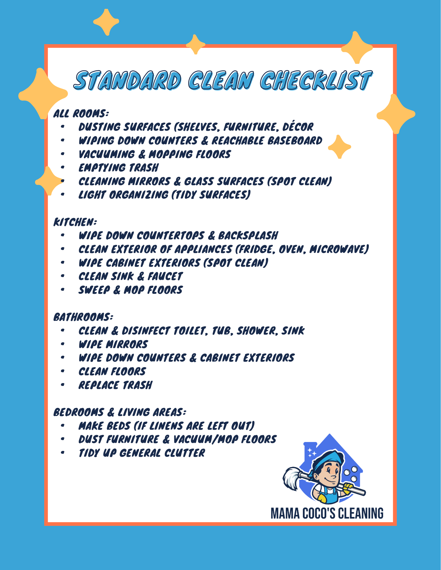 A cleaning checklist titled 'Standard Clean Checklist' with items for all rooms, kitchen, bathrooms, and bedrooms, featuring decorative stars around the border and a cartoon maid logo in the bottom right corner.
