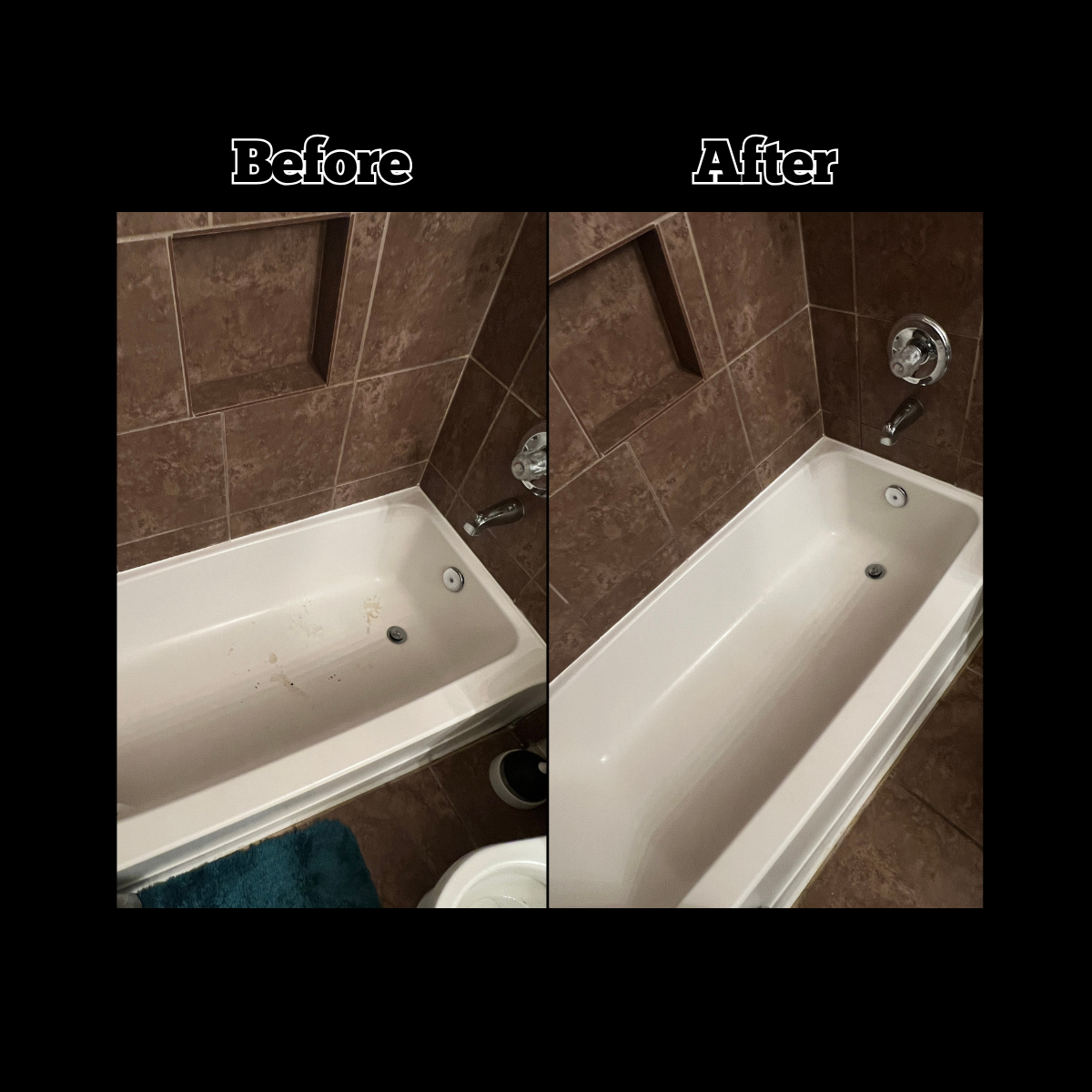 Comparison of a bathtub before and after cleaning, showing a previously stained or dirty tub now appearing clean and white.