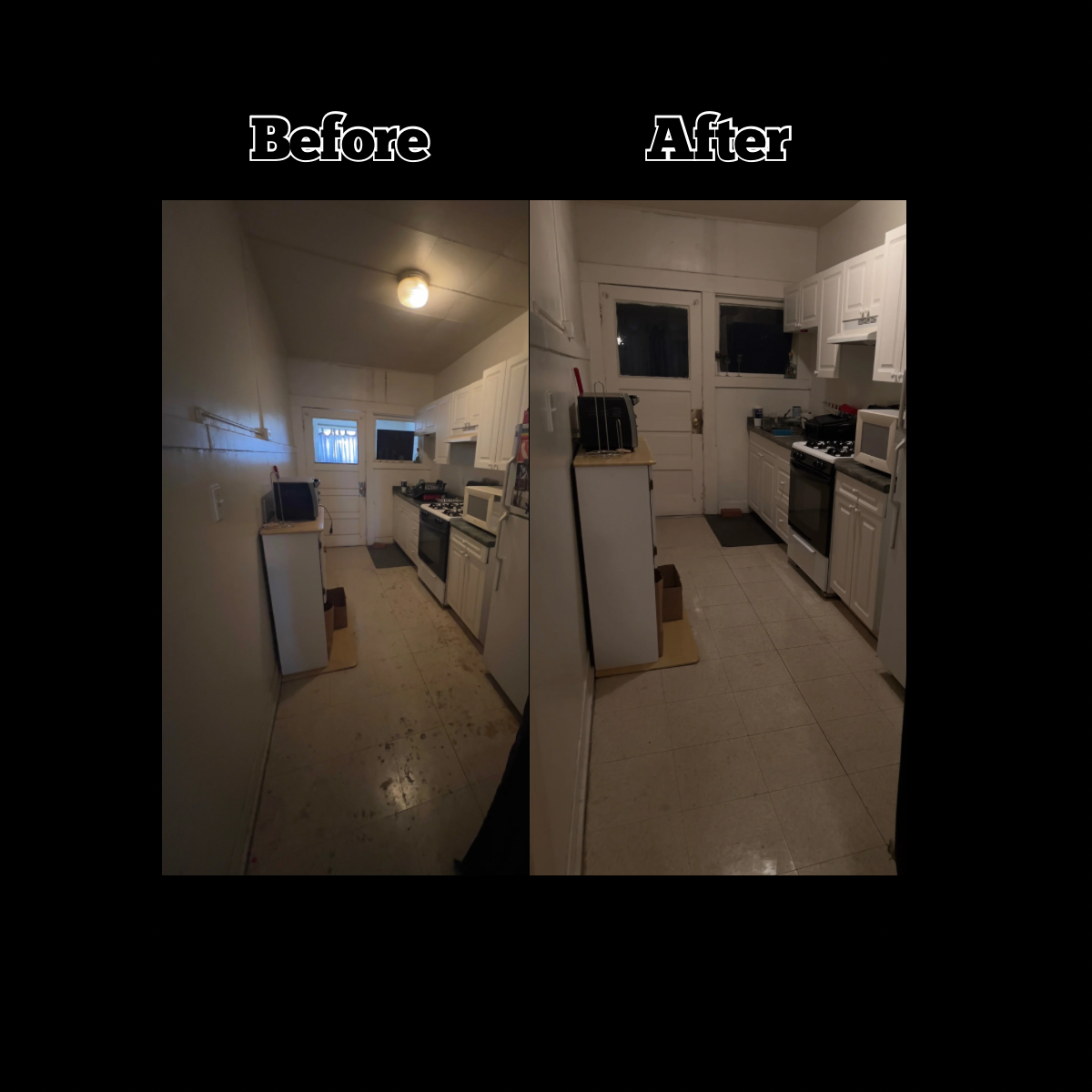 Comparison of a kitchen before and after cleaning, showing brighter and tidier space in the after photo.