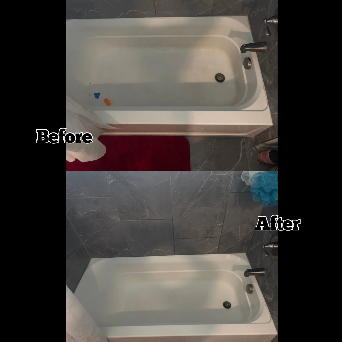 Side-by-side before and after photos of a bathtub, showing it cleaned and restored. The before image displays a dirty tub with stains and grime, while the after image shows a pristine, white tub. The bathroom has dark gray marble-like tiles and a red