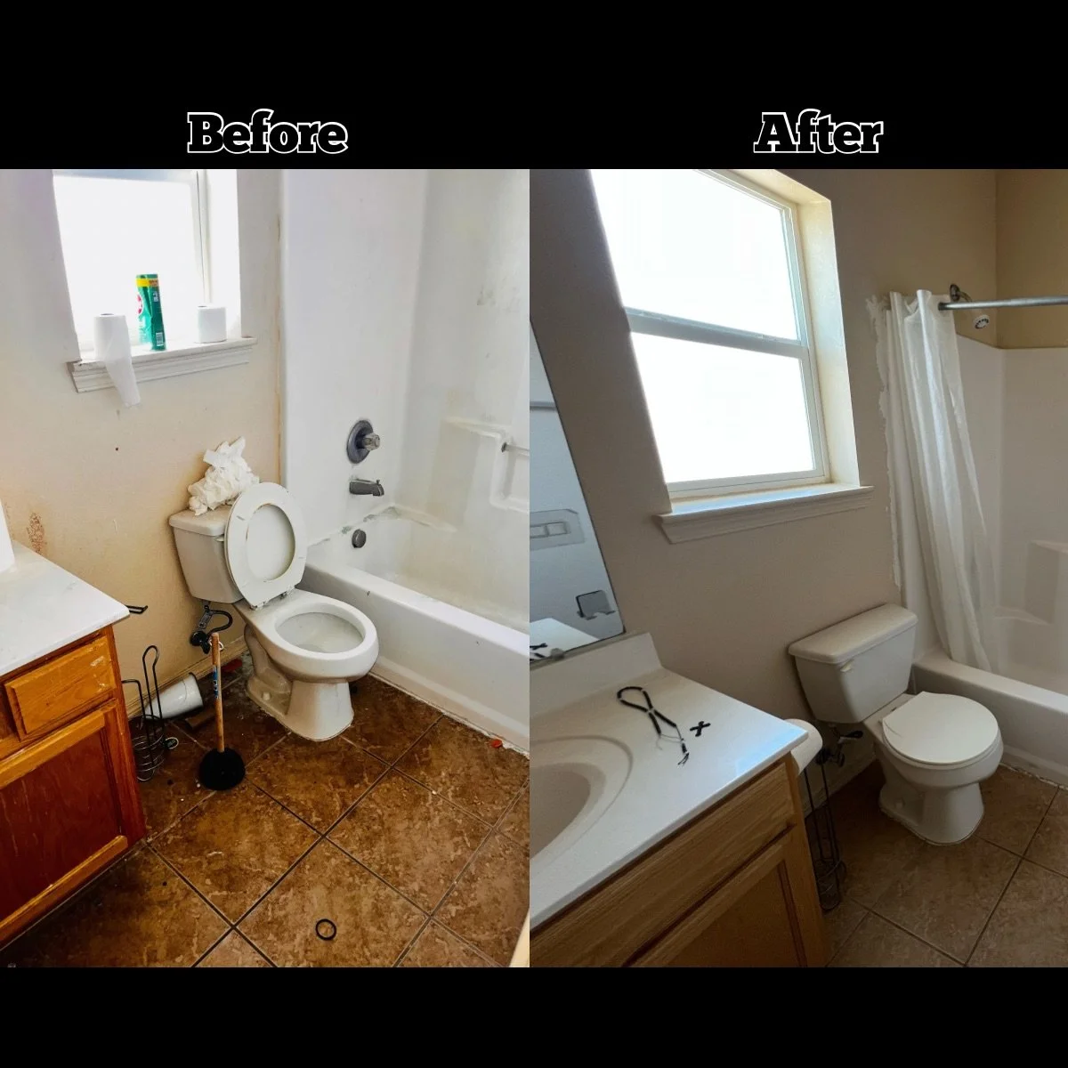 Bathroom renovation before and after photos showing a transition from a cluttered, outdated space with dirty tiles, disorganized toilet area, and worn walls to a cleaner, modern bathroom with repaired walls, a new window, and a fresh appearance.
