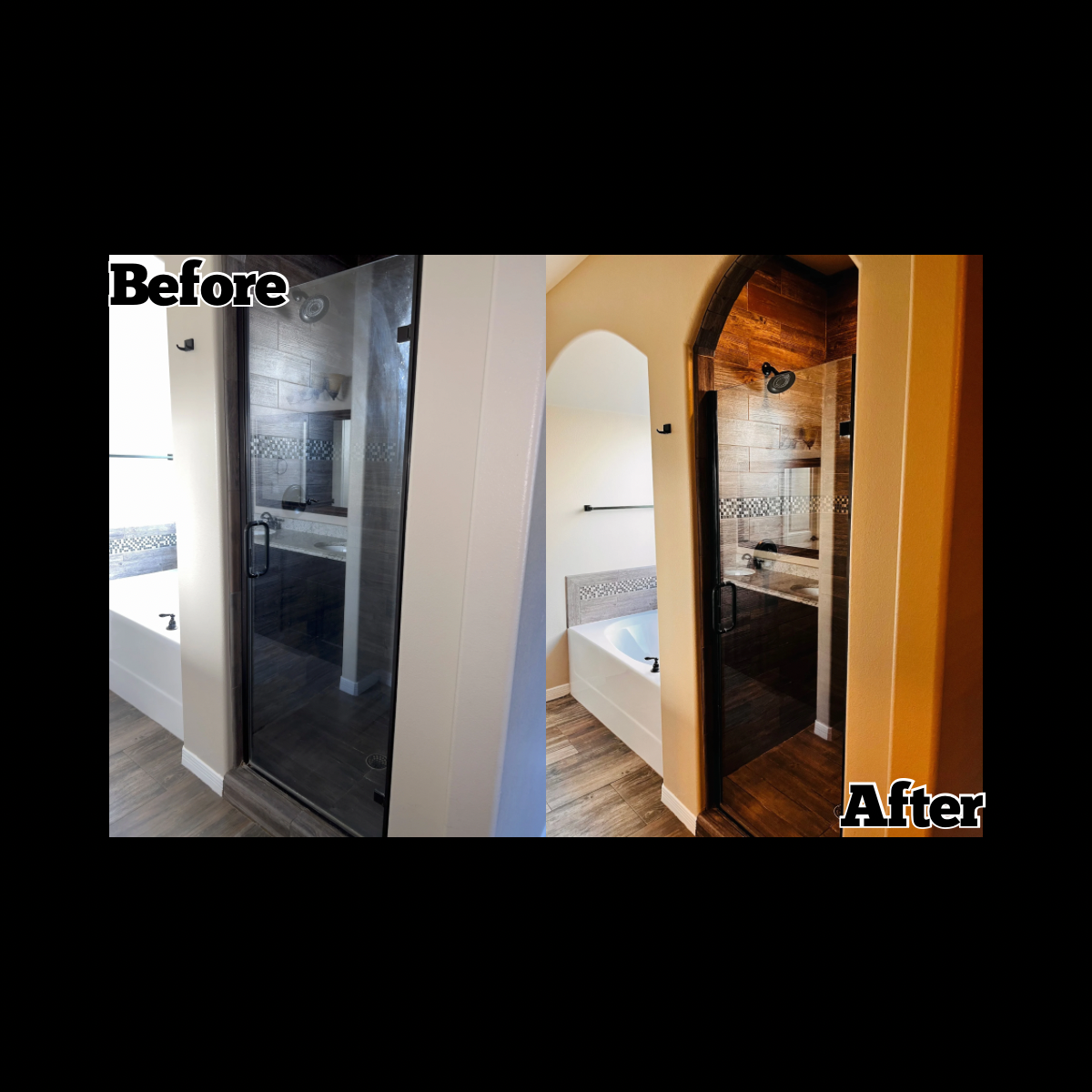 Comparison of a walk-in shower before and after renovation, showing glass enclosure with black frame and wood-tone wall tiles.