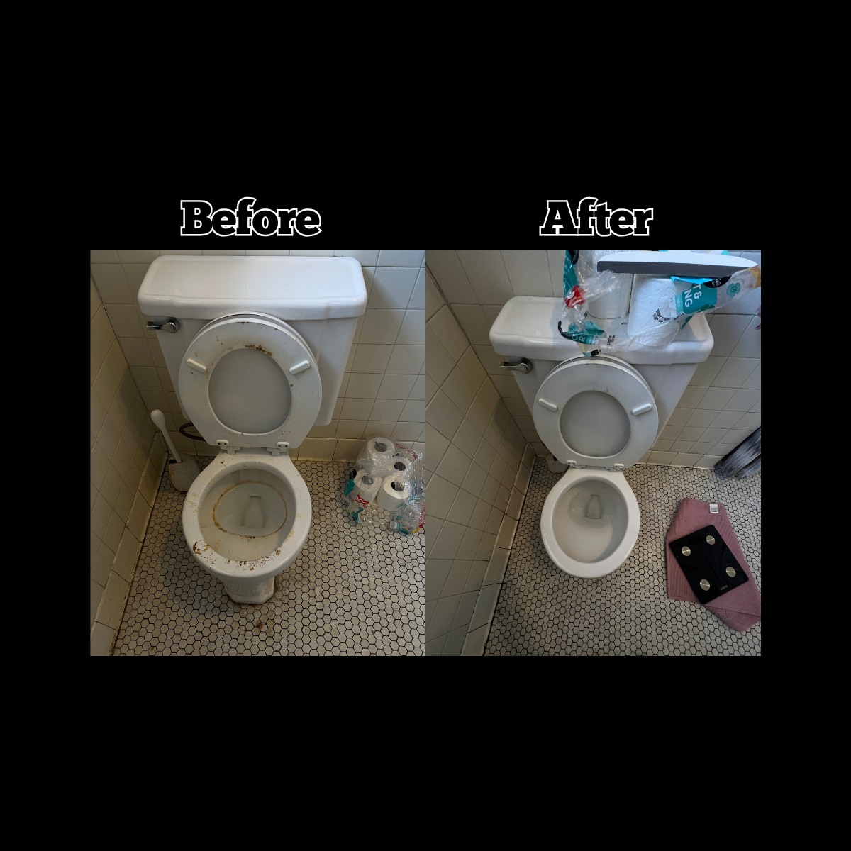 Comparison of a dirty toilet with rust stains and a clean toilet with cleaning supplies and a scale on the floor.